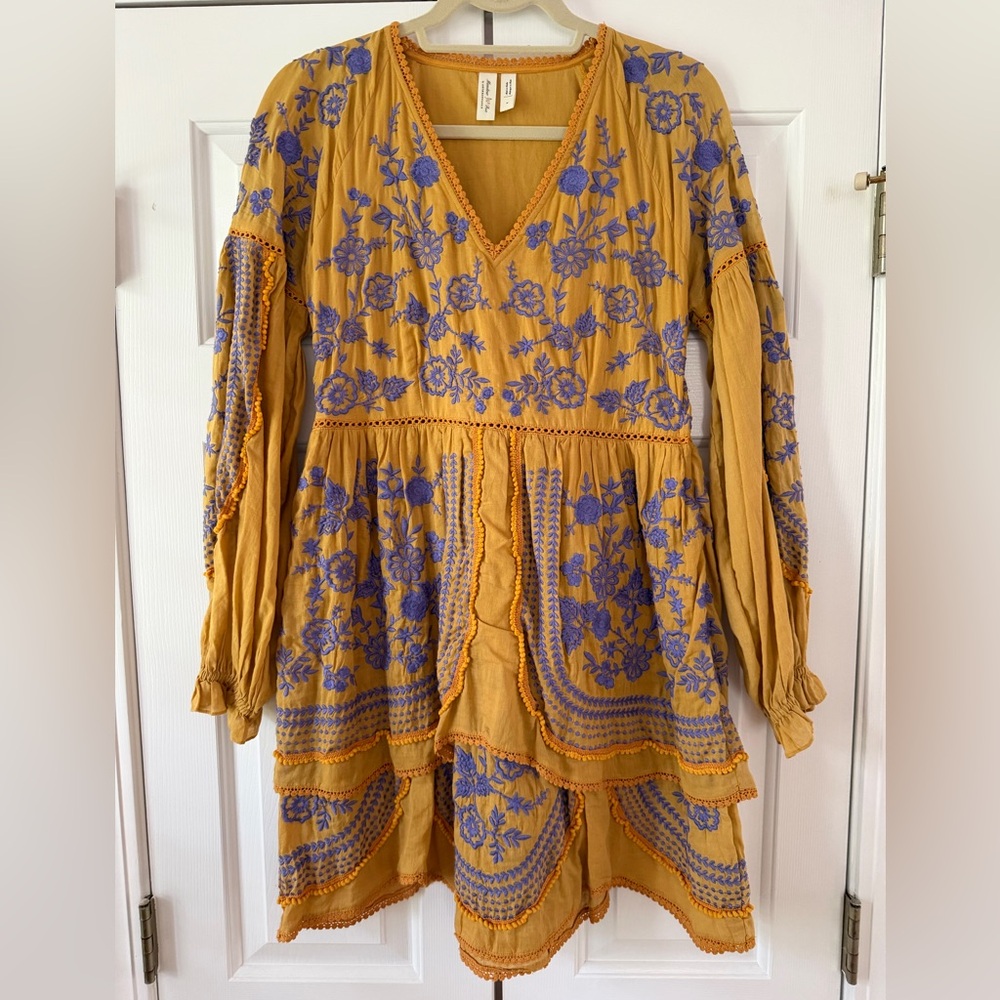 Anthropologie / Meadow Rue Mustard and Purple Embroidered Dress